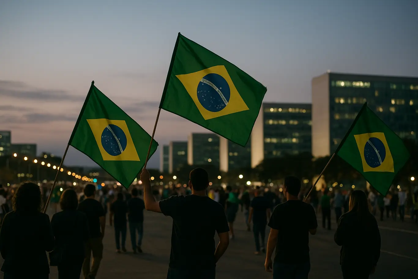 Grupos em silhueta com bandeiras do Brasil na Esplanada dos Ministérios