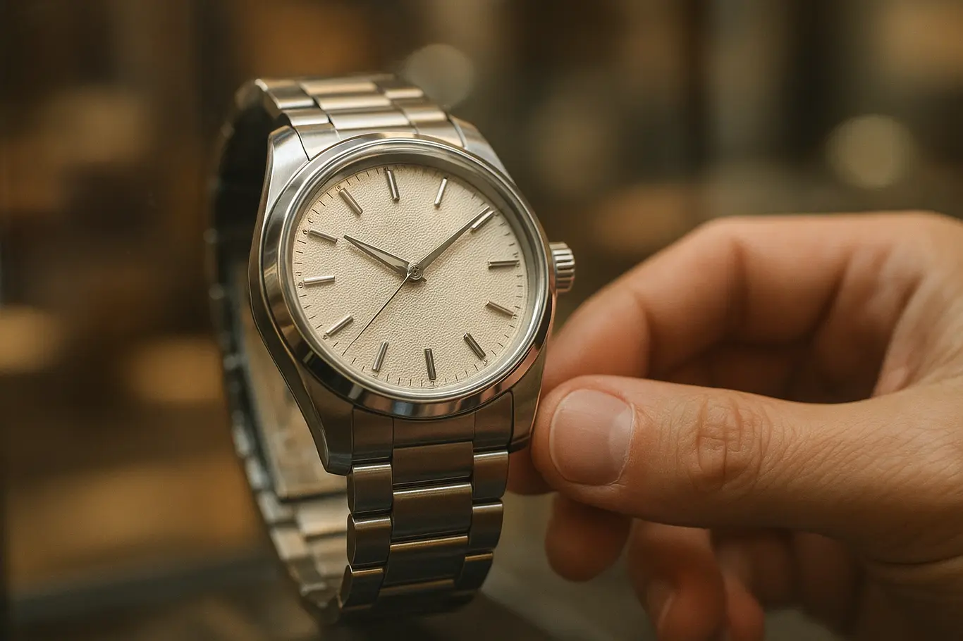 Close-up de relógio em vitrine na mostra Watch.Swiss, mão ajustando a pulseira de perfil
