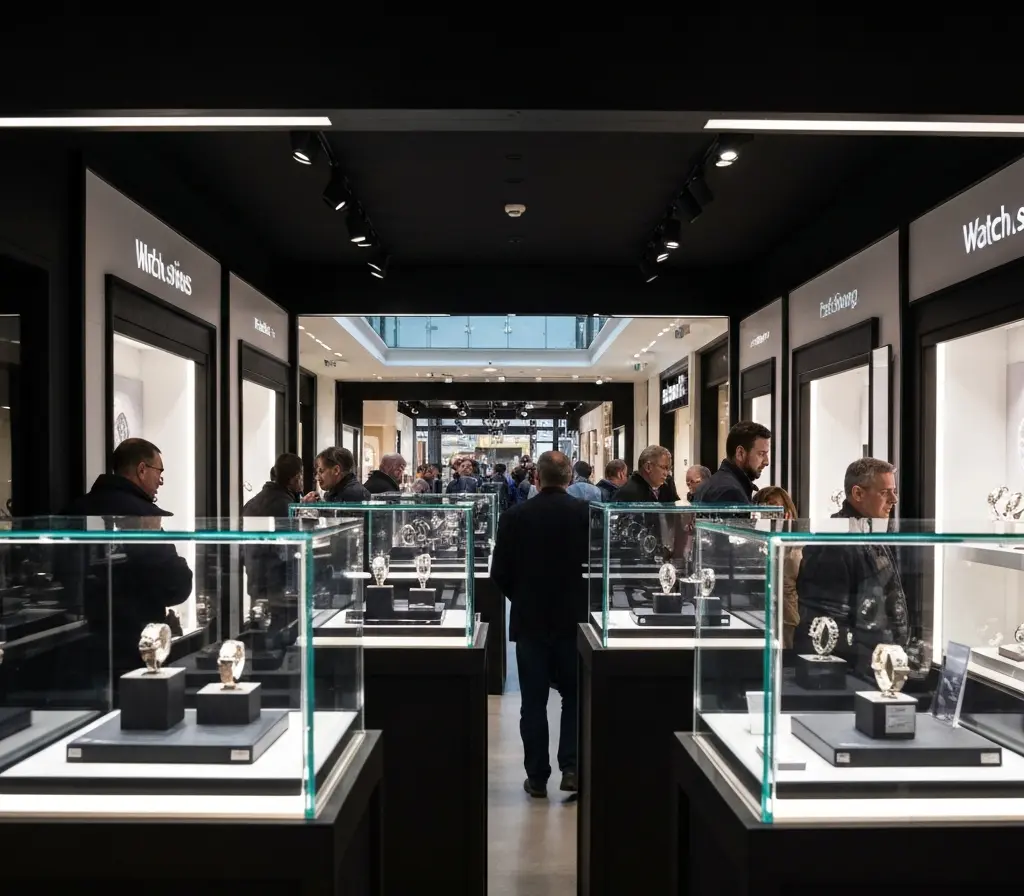 Mostra Watch.Swiss no ParkShopping aproxima brasiliense da relojoaria suíça Interior da mostra Watch.Swiss no ParkShopping com vitrines e visitantes de costas