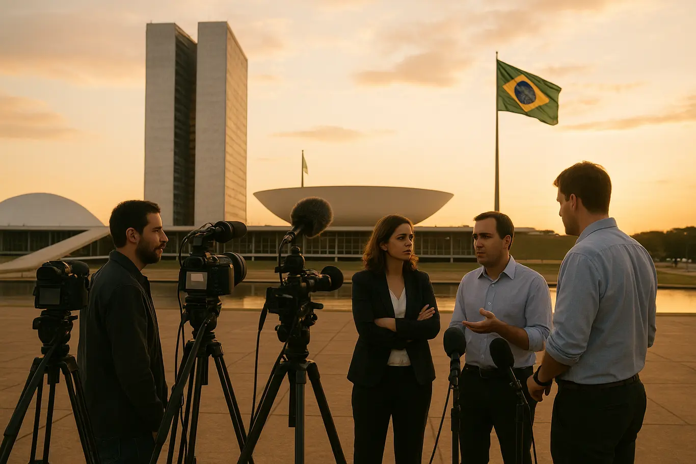 Equipe de reportagem de costas em frente ao Congresso Nacional, clima tenso