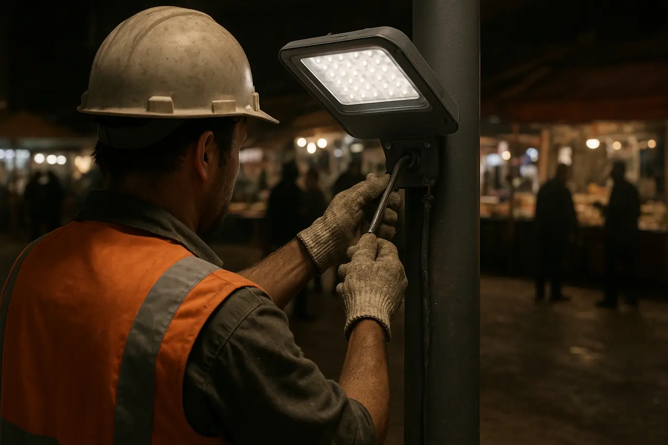 Técnico ajustando luminária LED em poste novo com comércio iluminado ao fundo.