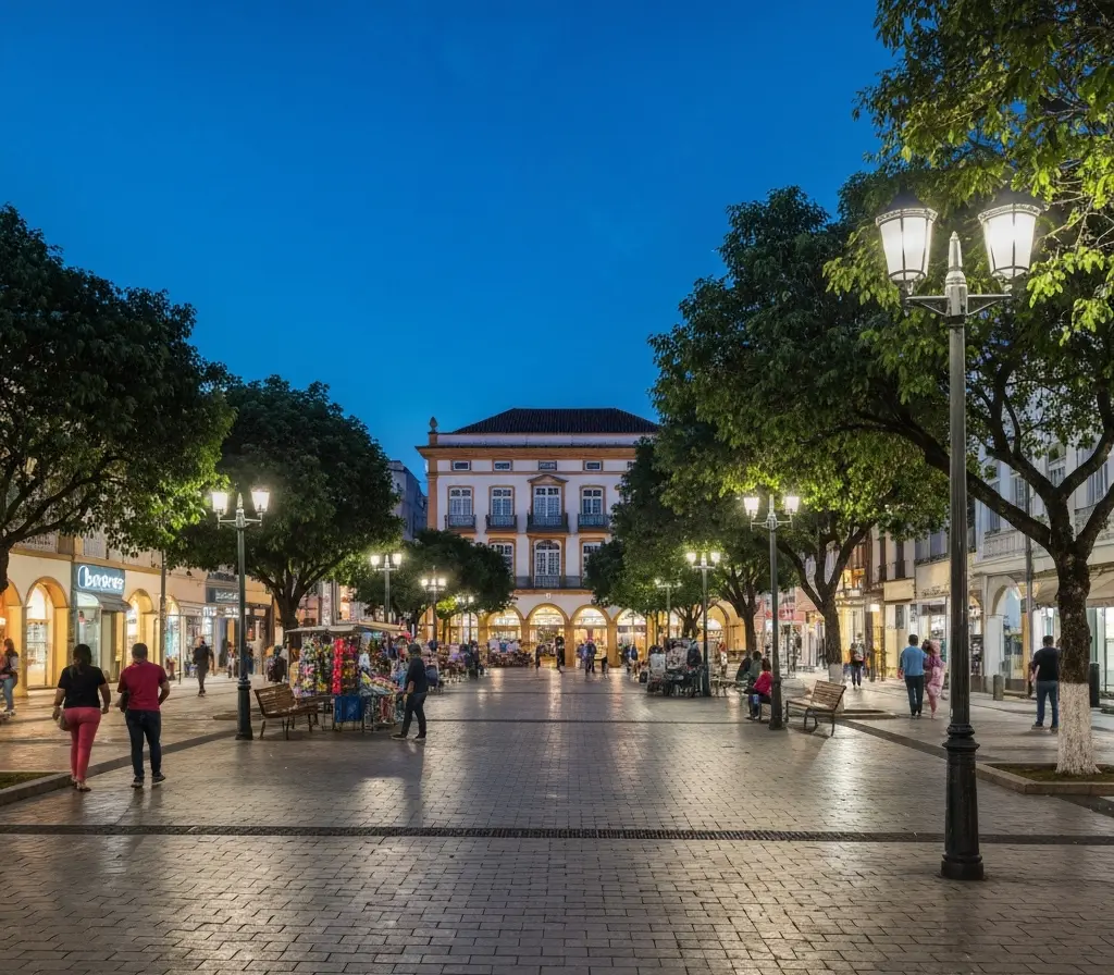 Obras em Ceilândia iluminam praças e movimentam comércio à noite Praça de Ceilândia à noite com nova iluminação e moradores em circulação.