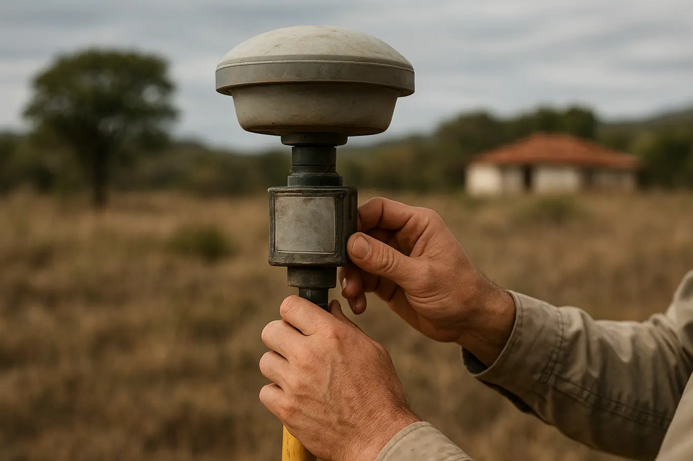 Close-up de antena GNSS em bastão de medição com mãos de técnico ajustando, fundo rural desfocado