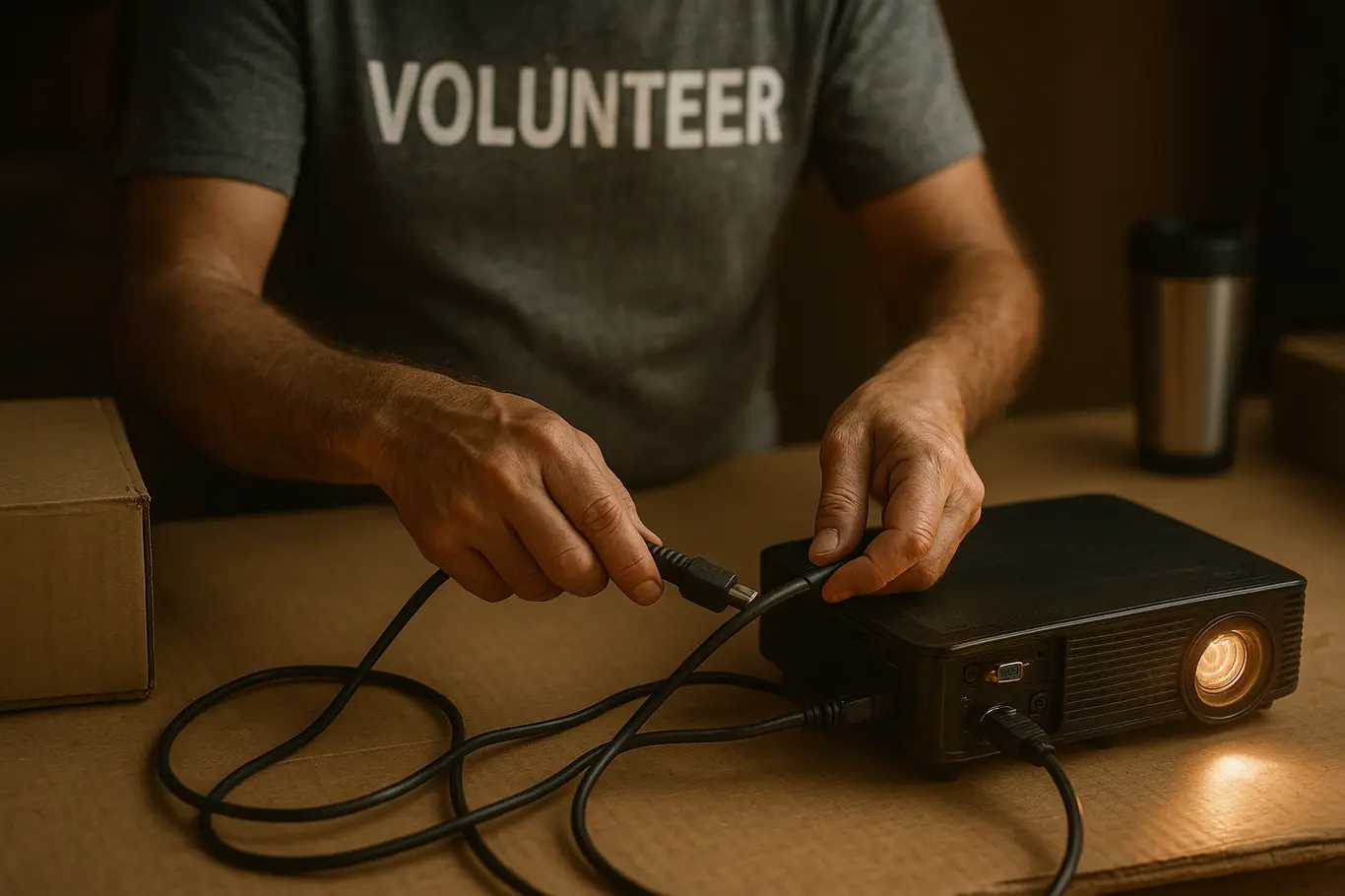 Mãos de voluntário ajustando cabos do projetor durante sessão de cinema ao ar livre