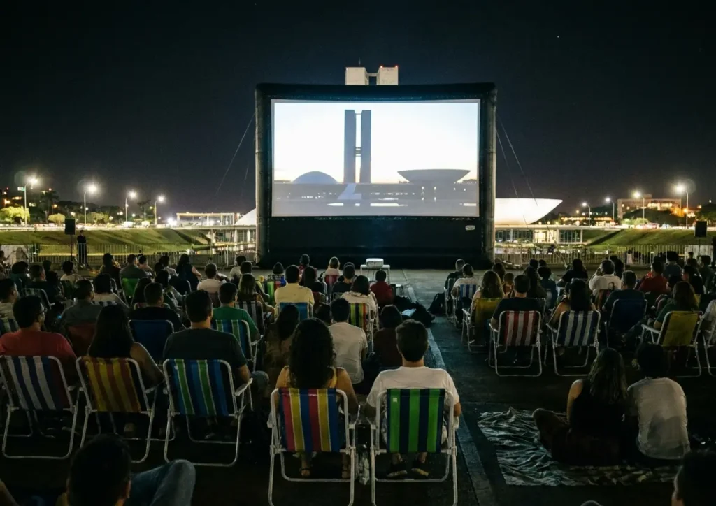 Plateia de costas em sessão de cinema ao ar livre no Plano Piloto com projeção e silhueta do Congresso ao fundo