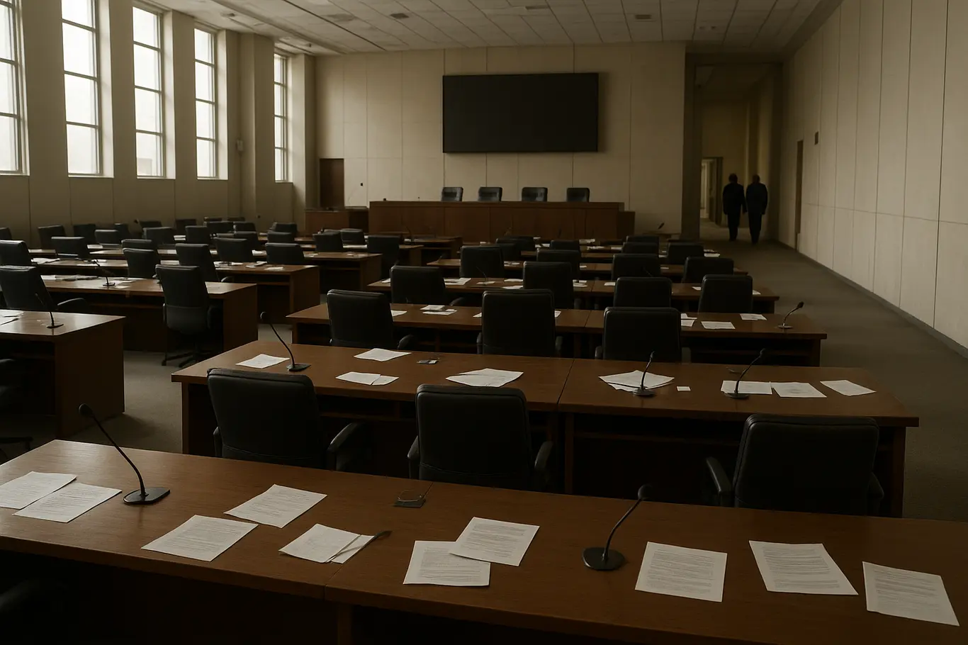 Plenário da CLDF vazio com cadeiras, mesas e duas figuras vistas de costas, sugerindo paralisação da agenda.