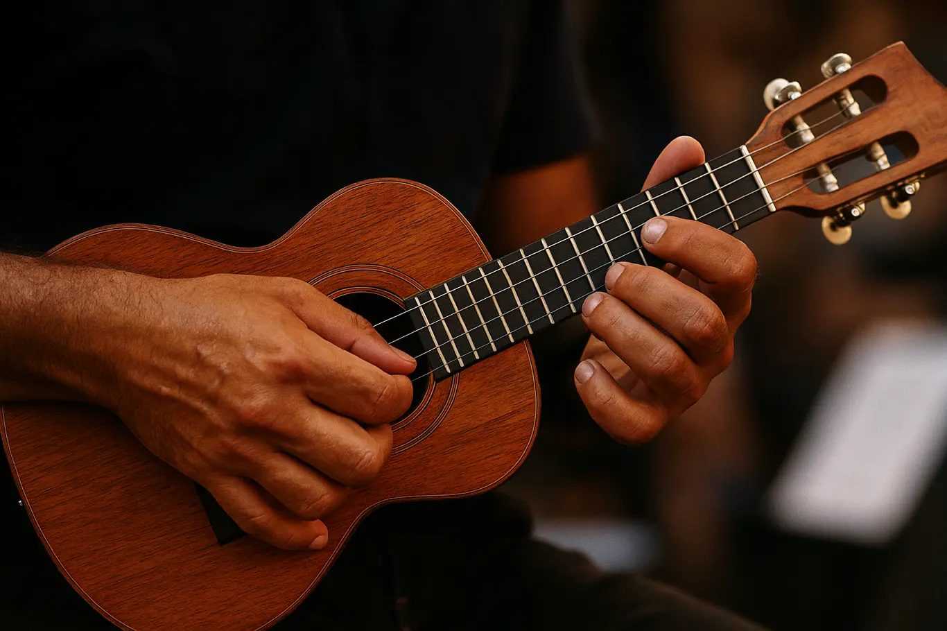 Close-up das mãos de músico tocando cavaquinho, destacando cordas e madeira.