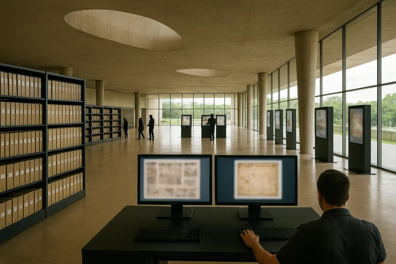 Sala ampla do museu com estações de digitalização e técnico de costas
