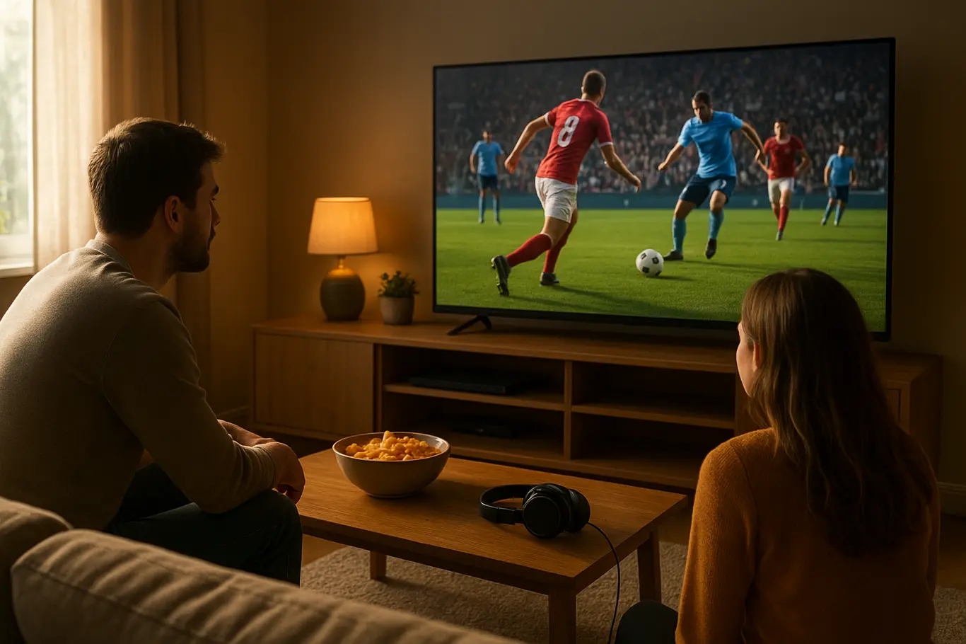 Sala de estar aberta com duas pessoas de costas assistindo jogo na TV, ambiente acolhedor sem marcas