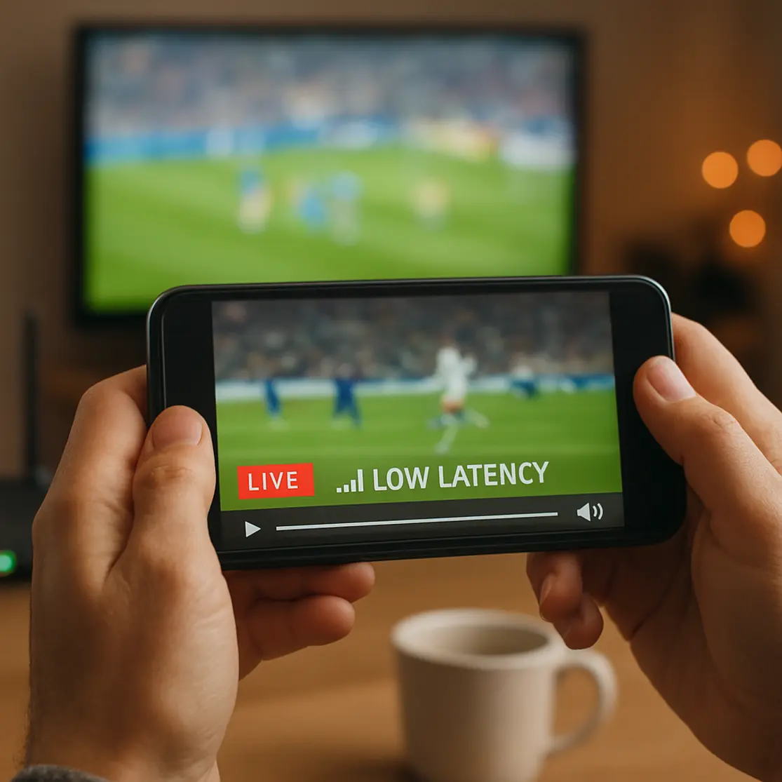 Close nas mãos segurando smartphone com player de transmissão ao vivo e indicador de baixa latência, TV desfocada ao fundo