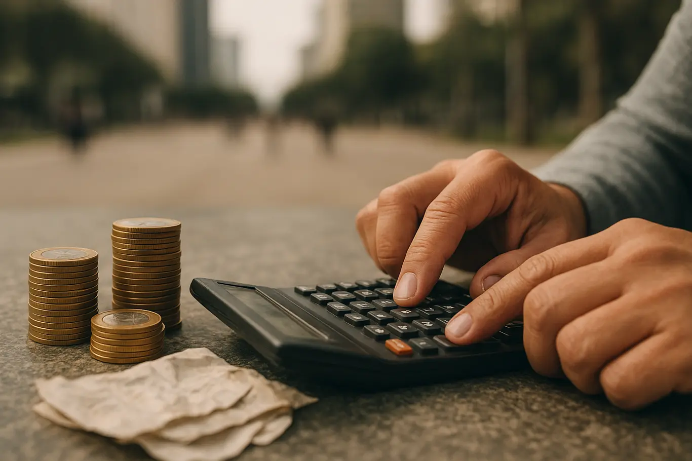 Close-up de mãos em calculadora com moedas e recibos, Esplanada dos Ministérios ao fundo
