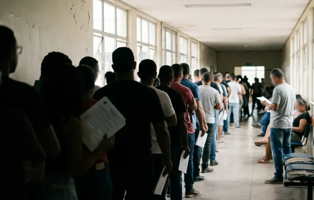 Fila em agência de perícias no DF vista de costas, pessoas aguardando atendimento