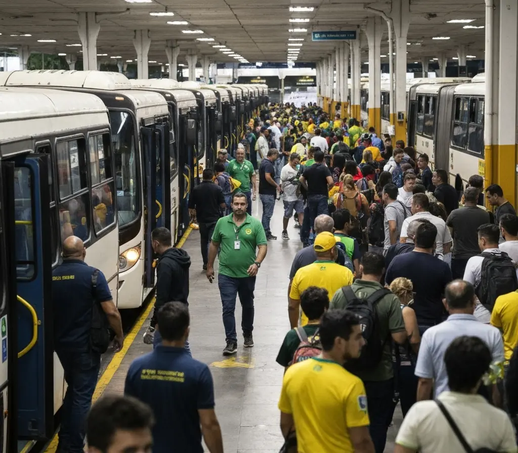 DF reforça linhas de ônibus em dias de jogos do Brasil e altera rotina Terminal de ônibus do DF lotado em dia de jogo, ônibus articulados e passageiros de costas