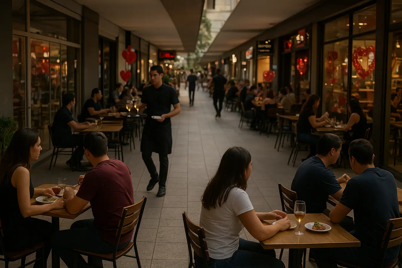 Corredor gastronômico do DF Plaza com mesas externas, casais e garçons servindo