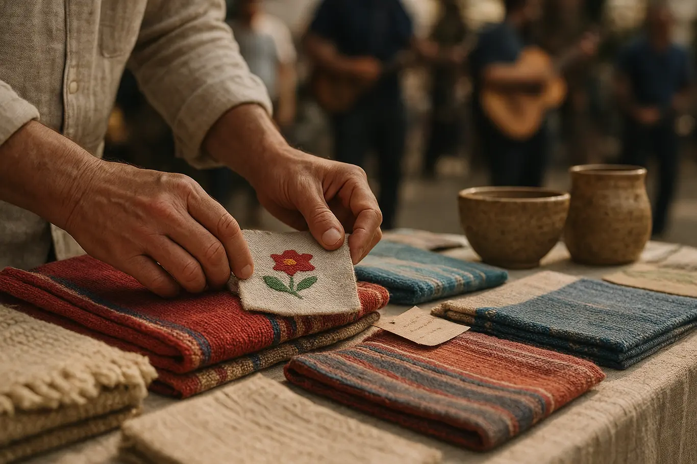 Detalhe das mãos de um artesão organizando peças têxteis e cerâmicas na feira