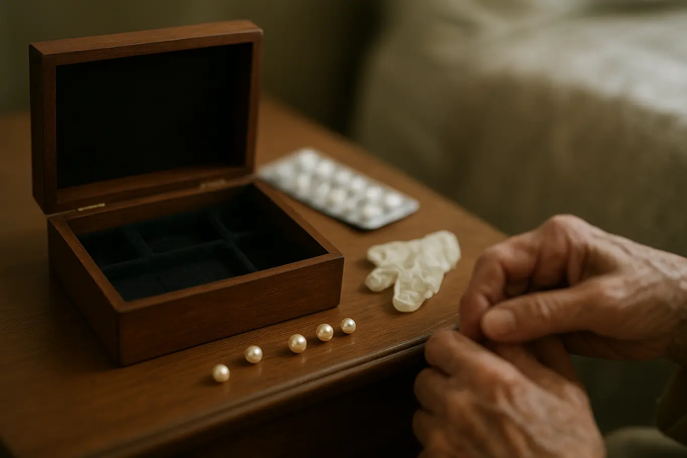 Caixa de joias aberta com espaços vazios e pérolas espalhadas sobre mesa, mãos idosas desfocadas ao fundo