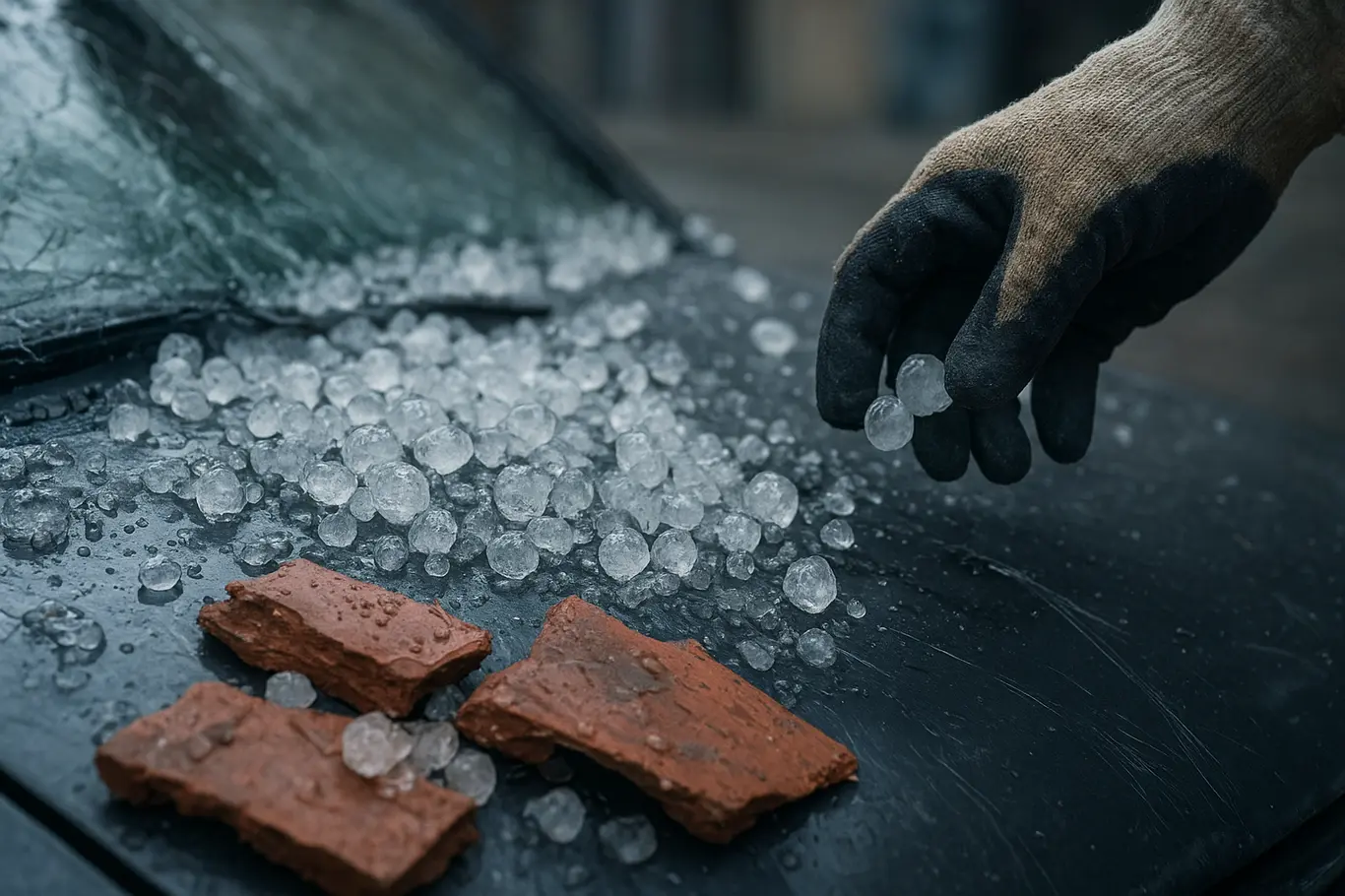 Close-up de pedras de granizo sobre capô de carro e para-brisa trincado