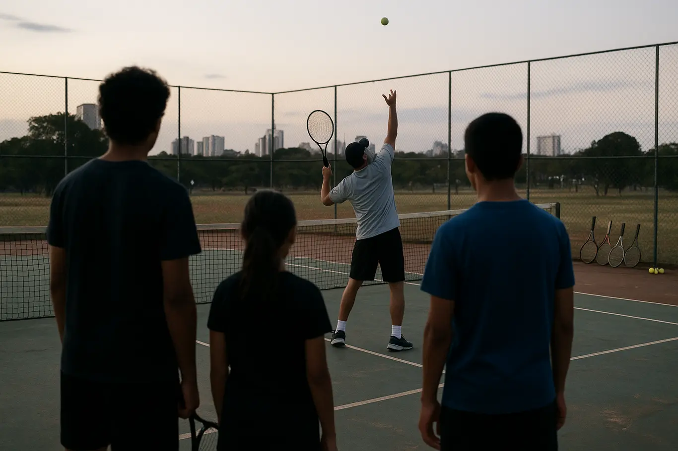 Treino comunitário em quadra pública de tênis no Distrito Federal