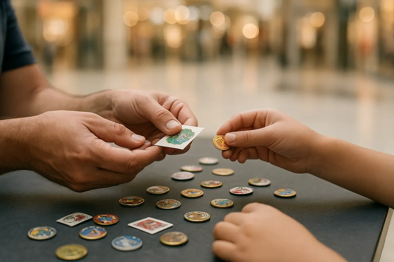 Detalhe de mãos trocando figurinhas e pins comemorativos em mesa no DF Plaza Shopping