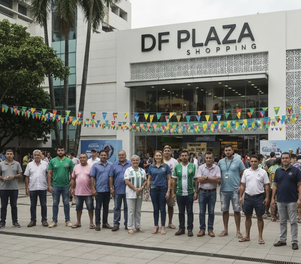 DF Plaza monta programação da copa e vira ponto de encontro em Águas Claras Público acompanha exibição de jogo na praça central do DF Plaza Shopping, famílias e torcedores de costas