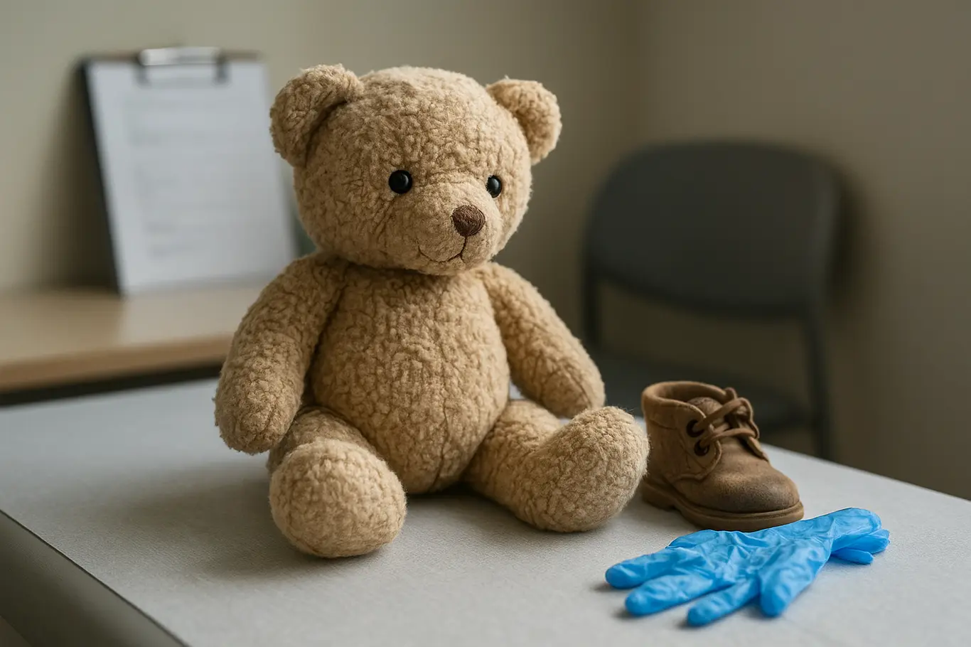 Brinquedo de pelúcia sobre mesa de exame infantil no IML