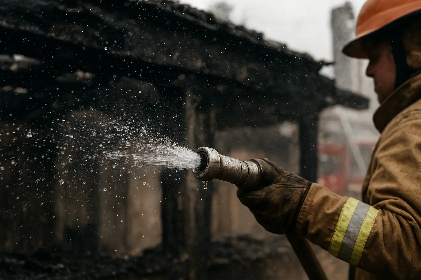 Bico de mangueira e beiral carbonizado sendo molhados por bombeiros.