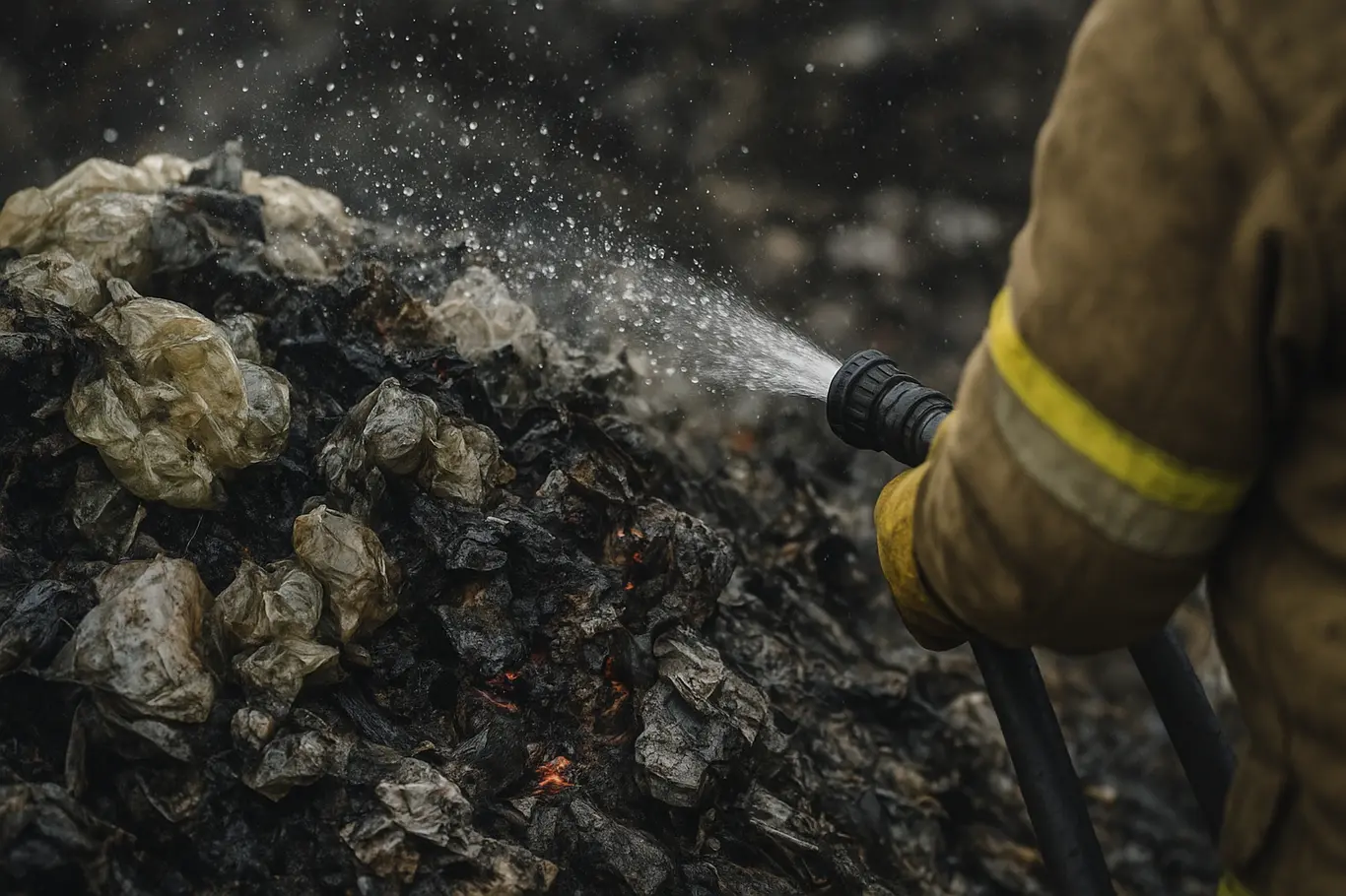 Detalhe de materiais recicláveis queimados com brasas e água sendo pulverizada por brigadistas.