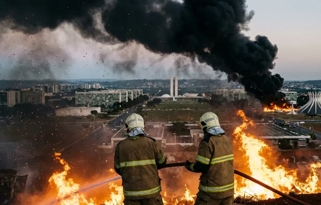 Fábrica de reciclagem em chamas com grande coluna de fumaça sobre Brasília; bombeiros de costas combatendo o fogo.