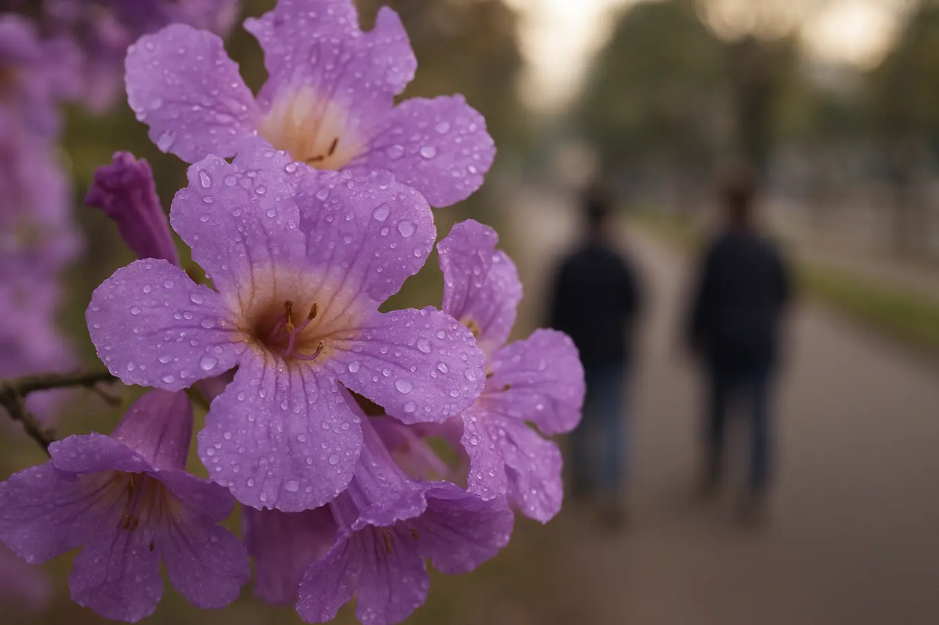 Close-up de flores de ipê roxo com fundo urbano desfocado e pessoas de costas
