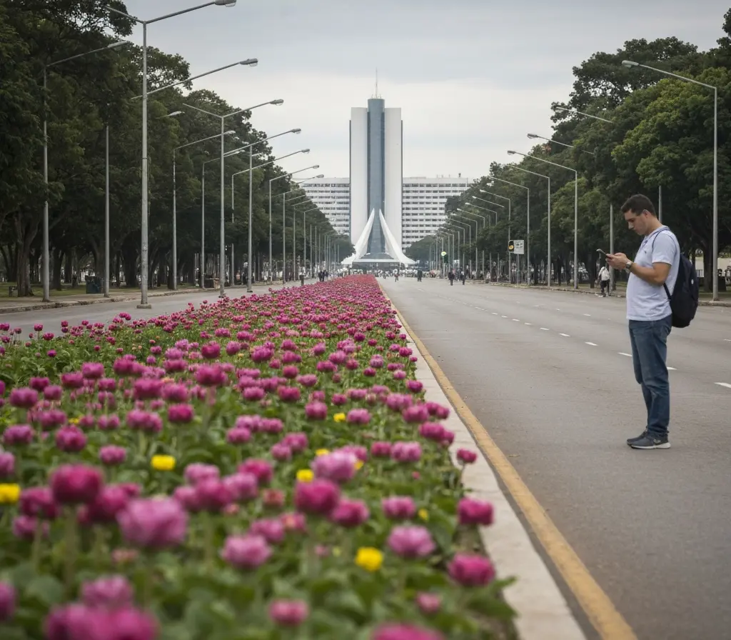 Ipês roxos florescem em Brasília e aplicativo mapeia pontos para passeios Avenida em Brasília forrada por ipês roxos em flor com um pedestre de costas consultando um celular