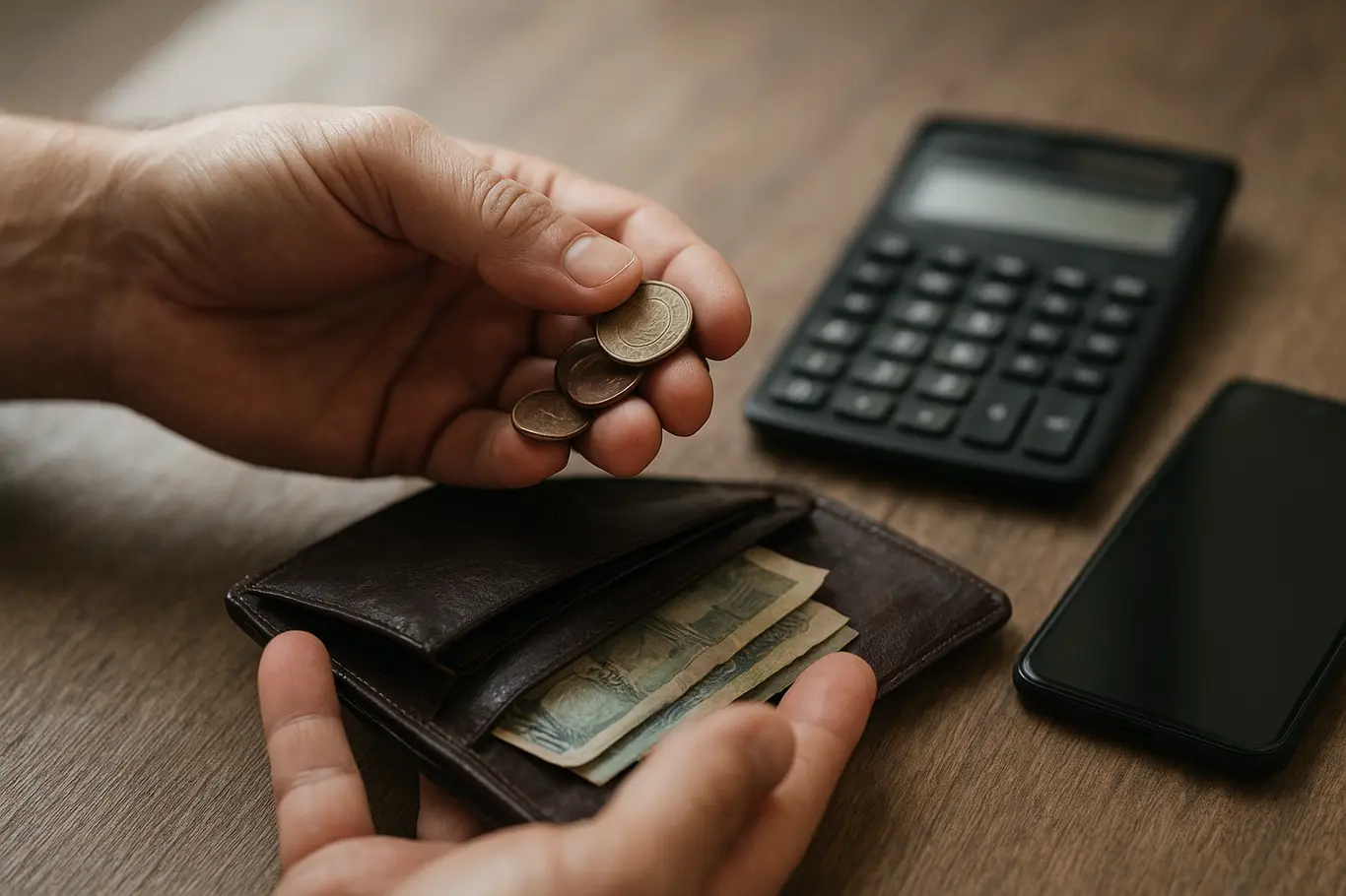 Detalhe de mãos segurando moedas sobre carteira, com calculadora e smartphone borrados ao lado