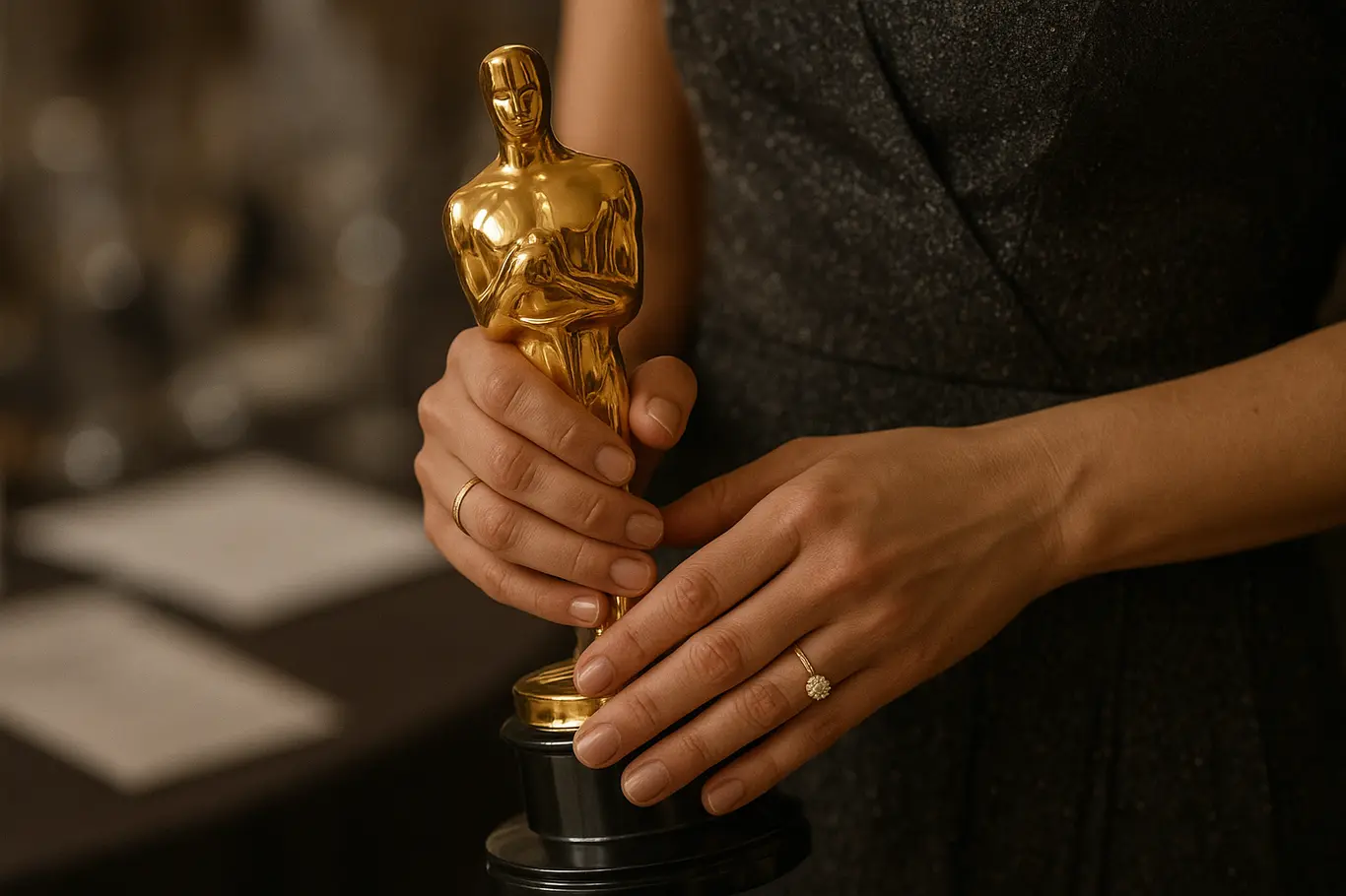 Detalhe das mãos segurando o troféu durante a entrega