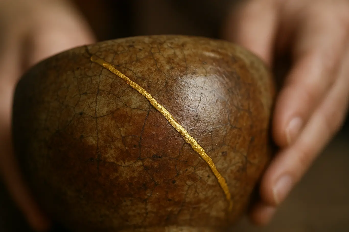 Detalhe em close de cerâmica com restauração kintsugi, linha dourada sobre fissuras, mãos desfocadas ao fundo.