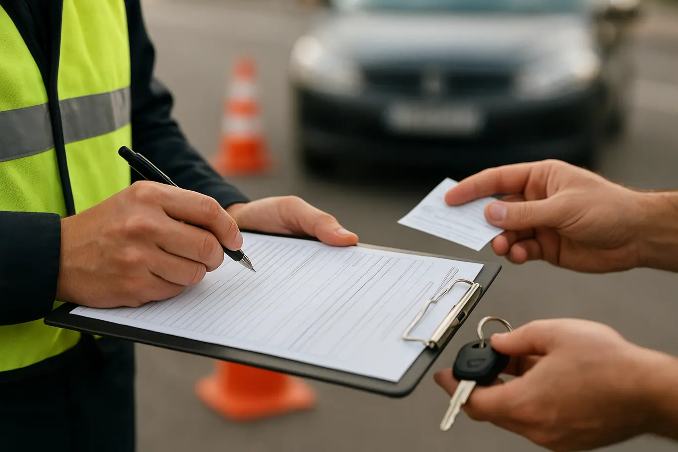 Close nas mãos do agente preenchendo auto de infração enquanto motorista entrega chave