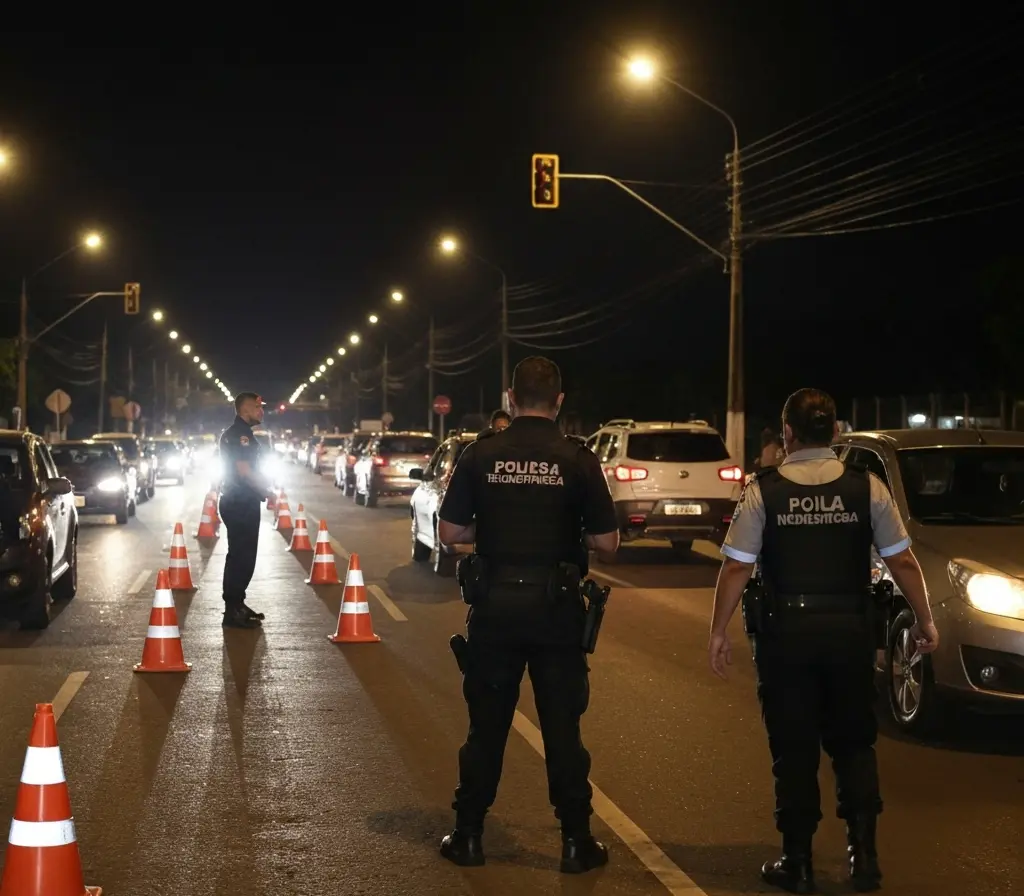 Lei seca 18 anos: DF registra 80 autuações diárias e altera rotina Agentes da Lei Seca abordam carro em blitz noturna no DF, motorista de costas e rostos desfocados