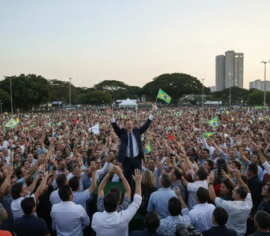 Lançamento de Manzoni reúne direita em Brasília e pressiona agenda do DF Candidato visto de costas no palco e multidão com bandeiras em Brasília