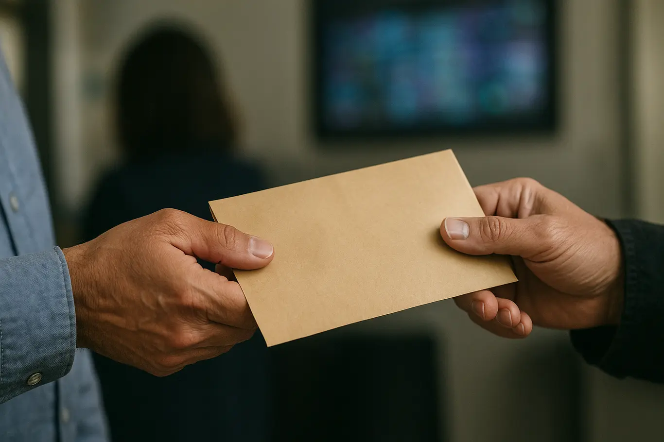 Close-up das mãos de atendente e apostador trocando envelope, fundo desfocado