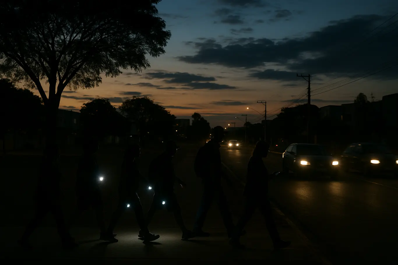 Voluntários e familiares em silhueta durante busca noturna em área residencial
