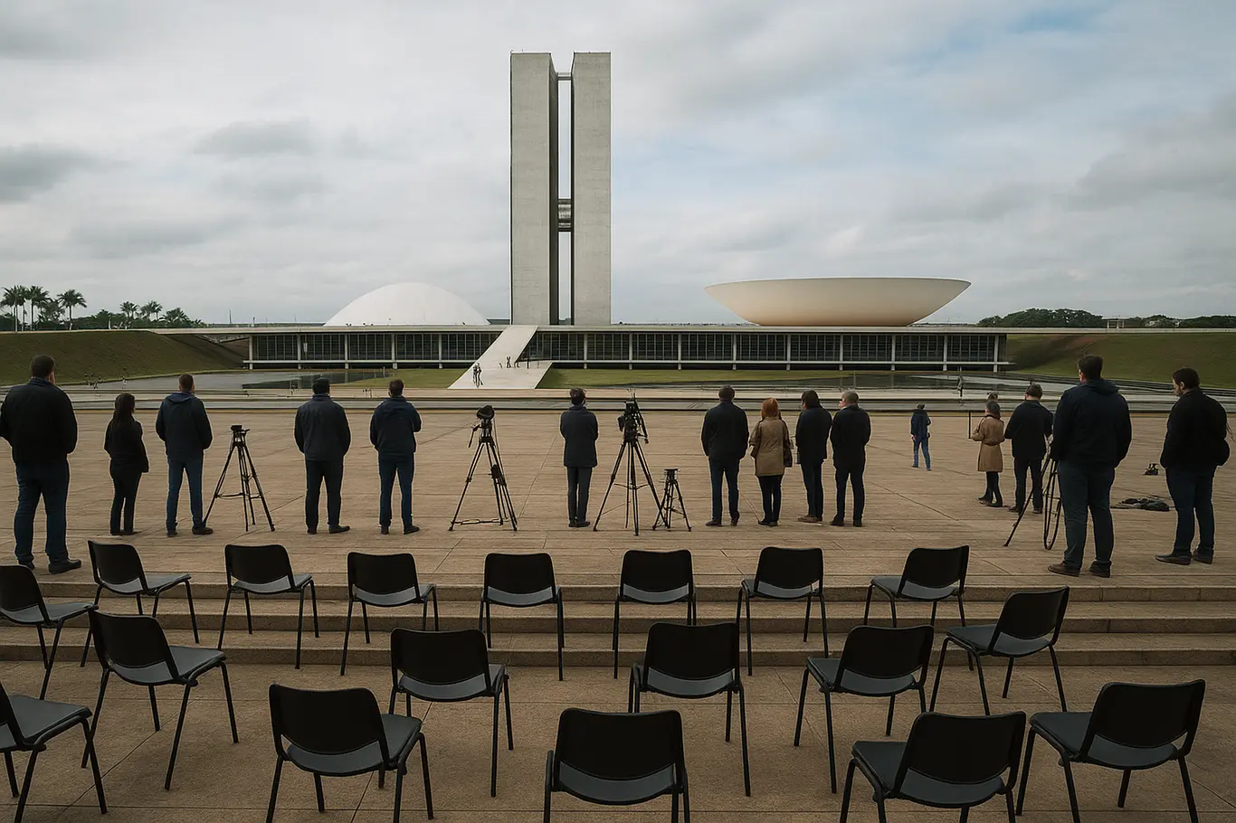 Esplanada dos Ministérios com o Congresso ao fundo e cadeiras vazias, pessoas de costas