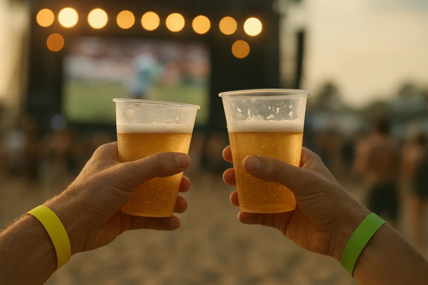 Detalhe de mãos segurando copos e pulseiras no Na Praia Festival, palco desfocado ao fundo
