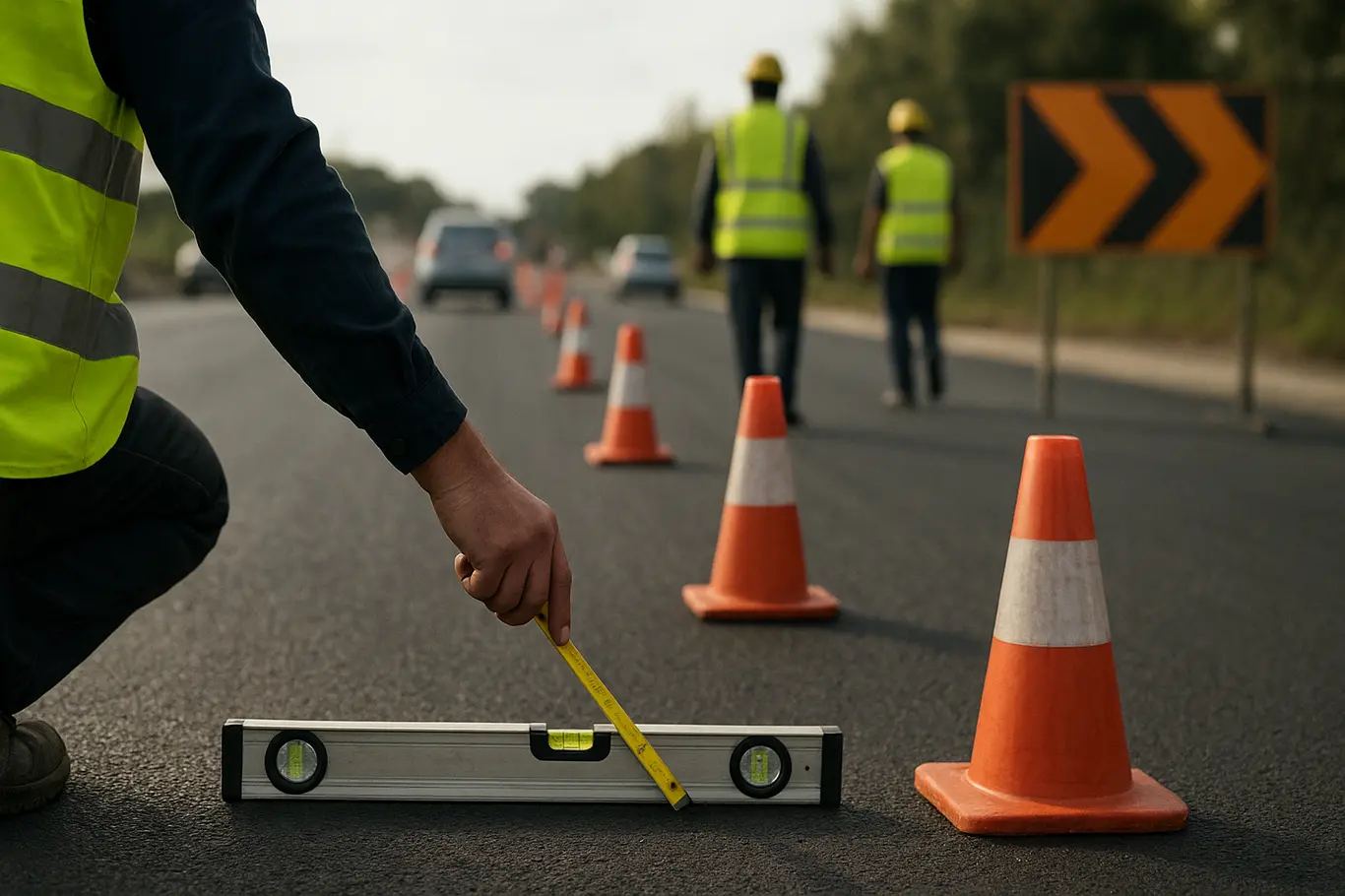 Detalhe de operários ajustando sinalização e medindo o pavimento na Avenida Del Lago