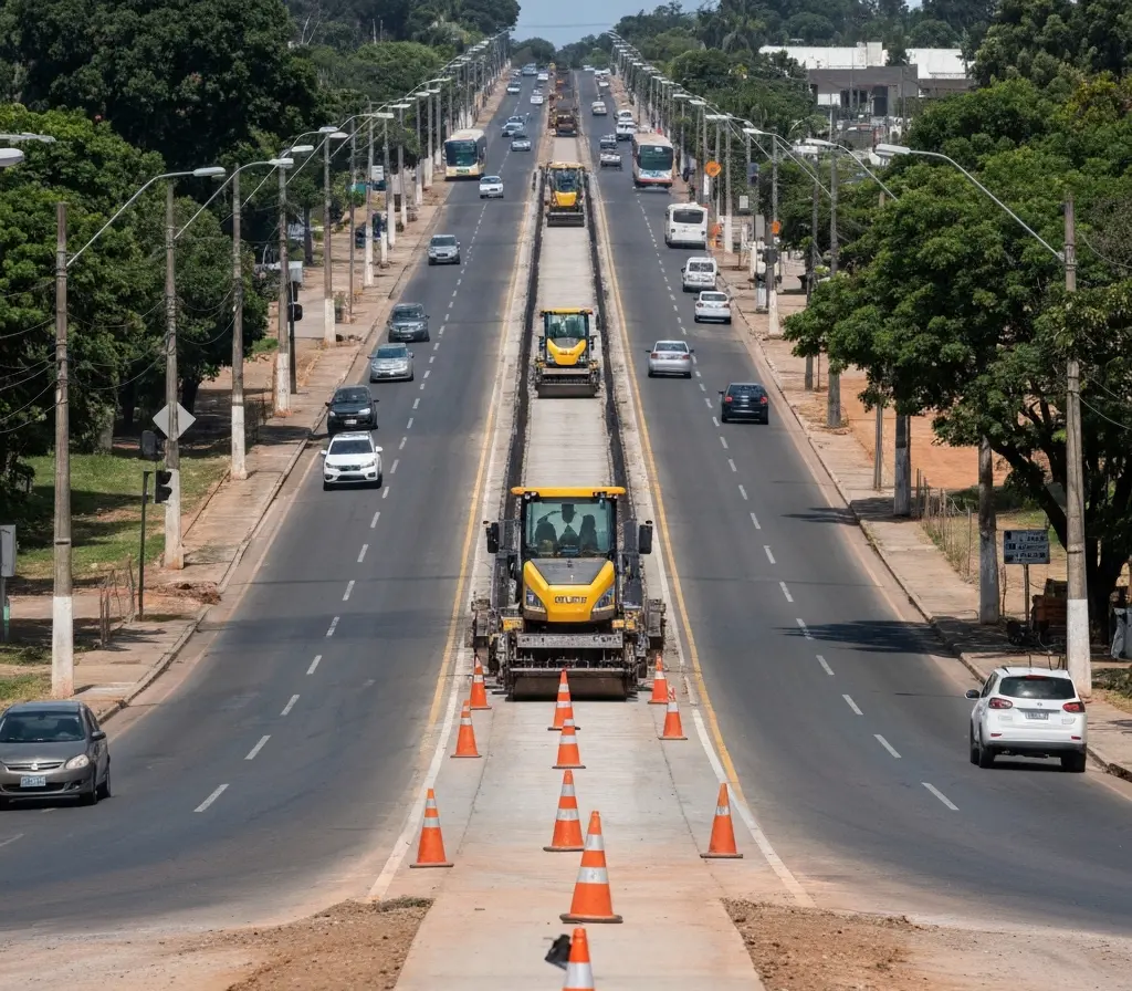 Novacap amplia obra na Avenida Del Lago para 2,2 km e altera trânsito no Itapoã Vista panorâmica da Avenida Del Lago em obras com máquinas, cones e tráfego desviado