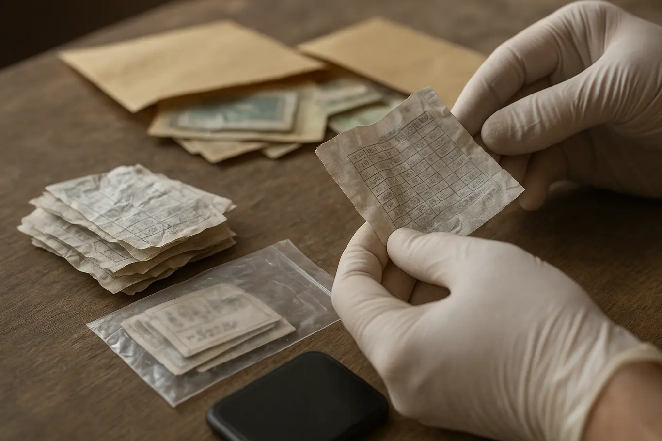 Detalhe de bilhetes de aposta, envelopes e smartphone apreendidos em mesa durante operação.