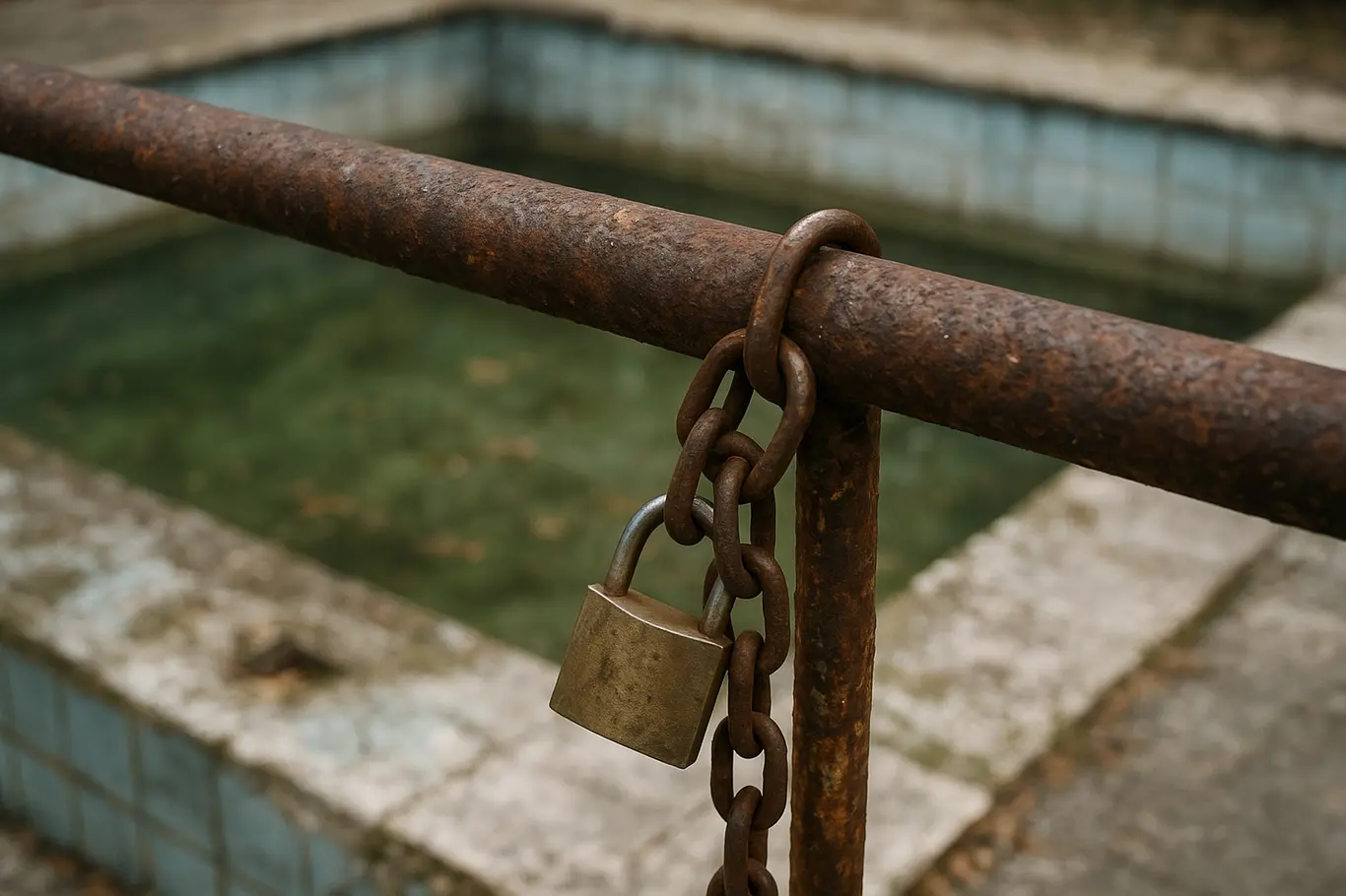 Detalhe de corrimão enferrujado e cadeado com piscina esverdeada ao fundo