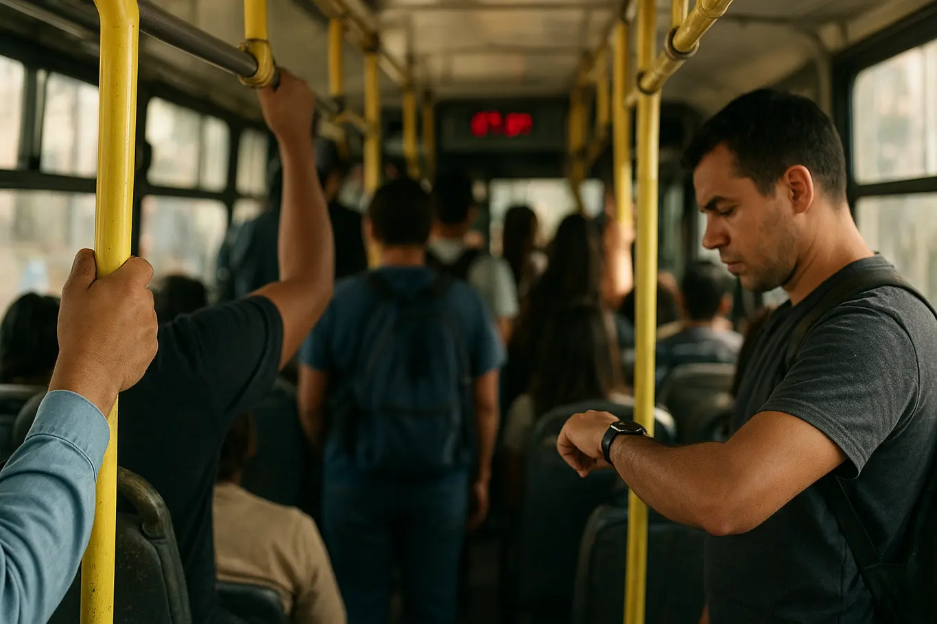 Interior de ônibus lotado com mãos segurando barras e passageiro olhando relógio, rostos desfocados.
