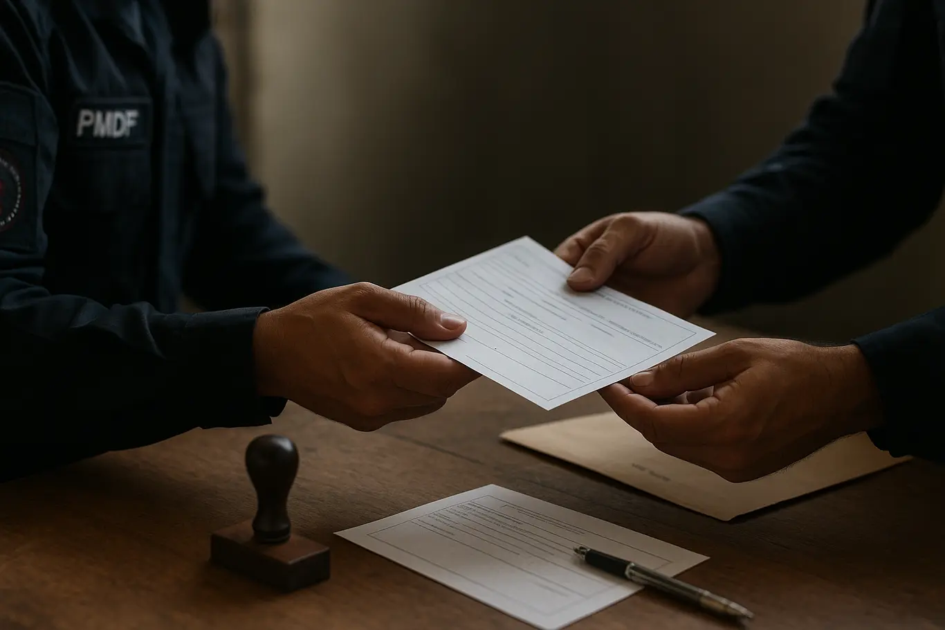 Detalhe de mãos entregando documento de inscrição a policial em mesa de triagem