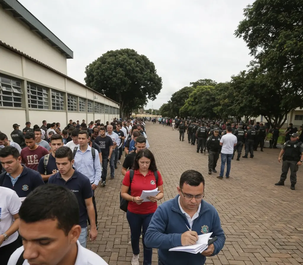 Com 11 mil inscritos, concurso da PMDF traz reforço à segurança no DF Fila de candidatos de costas e policiais da PMDF patrulhando em frente a centro de provas