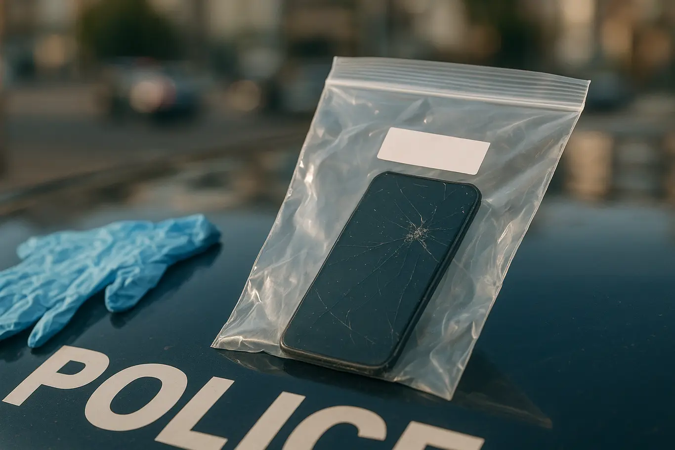 Celular recuperado dentro de saco de prova sobre capô de viatura, detalhe em close