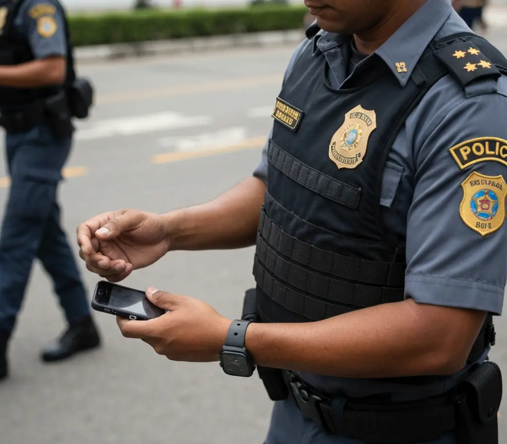 PMDF recupera celular roubado no Gama e reforça ação preventiva no DF Policial segura celular recuperado durante abordagem no Gama, mãos em foco, rostos não identificáveis