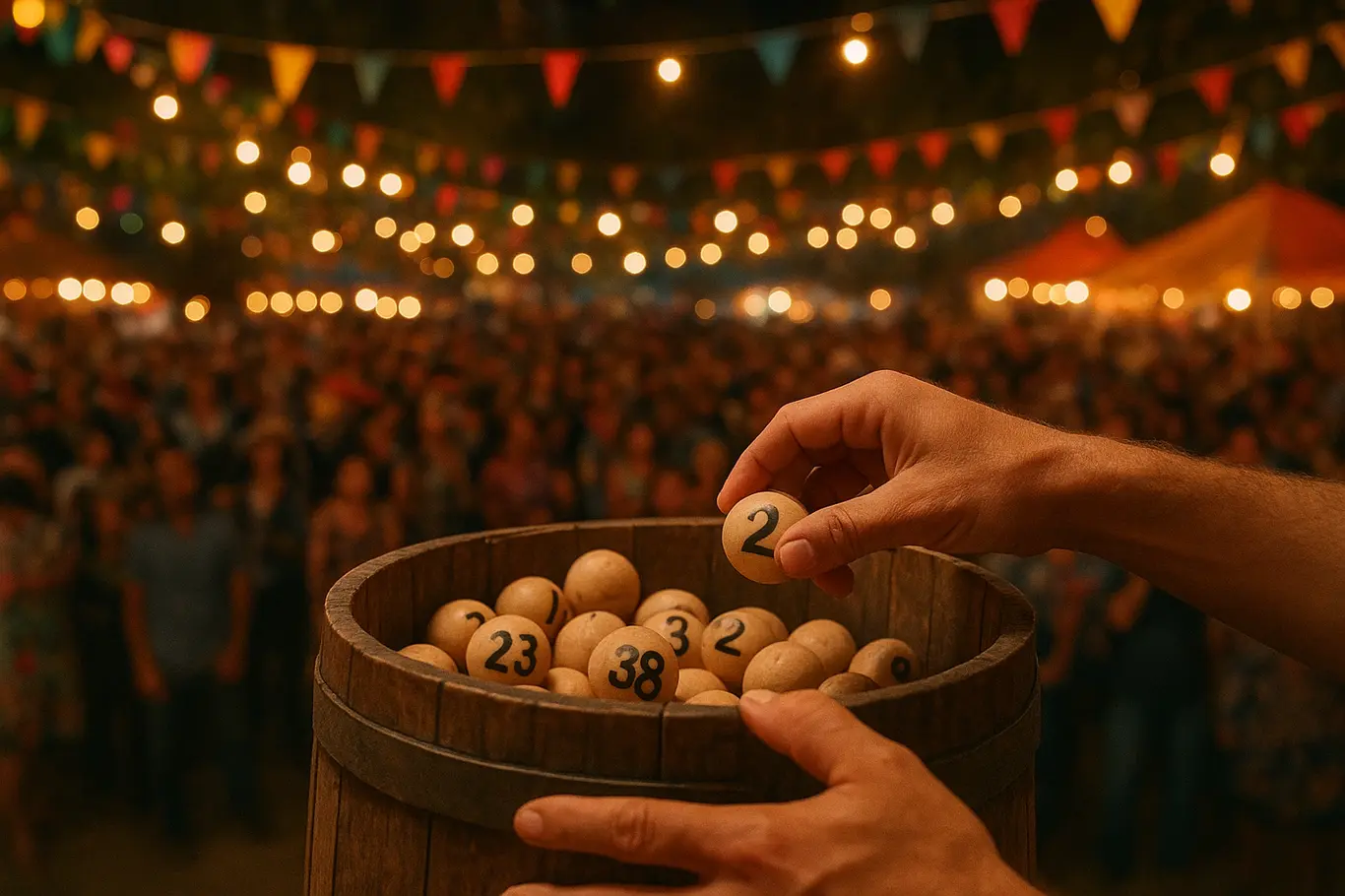 Tambor de sorteio com bolas numeradas em festa junina, mãos tirando uma bola